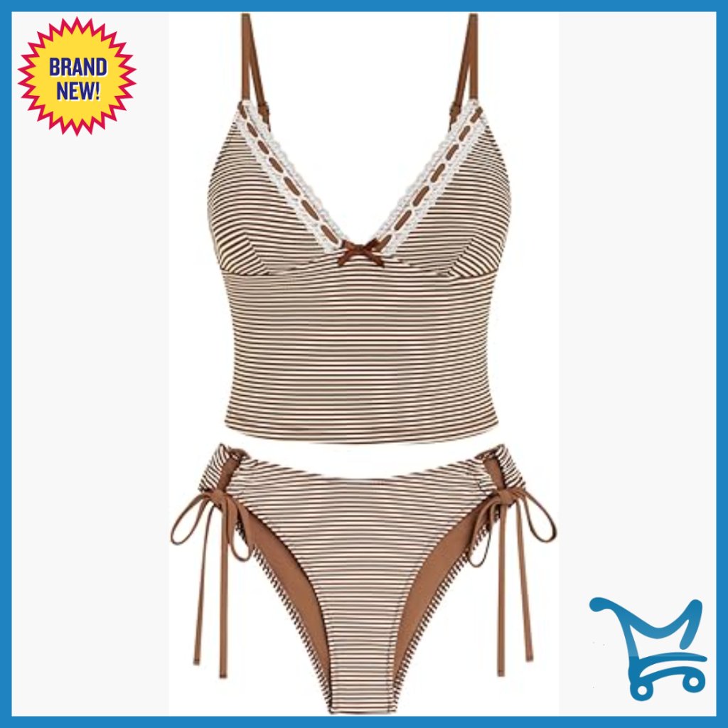 Striped Tankini Set With Adjustable Straps And Tie Side Details